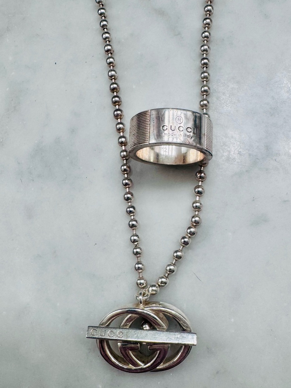 Gucci Sterling Silver Interlocking G Necklace + Logo Ring Size 6
